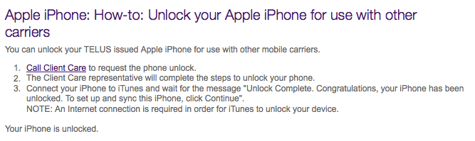 Telus iPhone Unlock Info